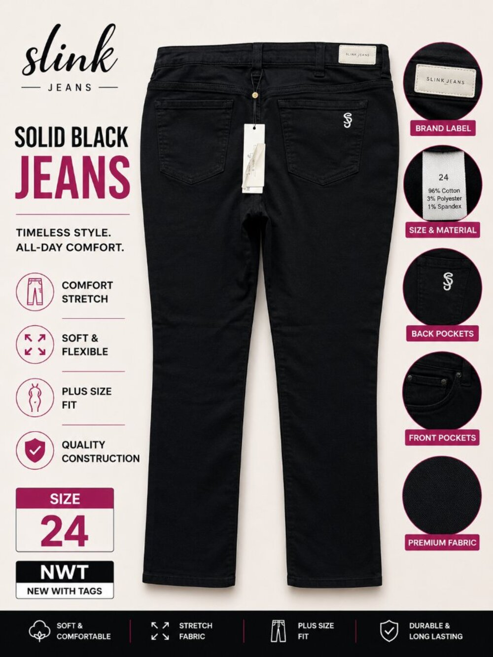 NWT SLINK Black Plus Size Pants Women's Size 24 Stretch Denim Jeans